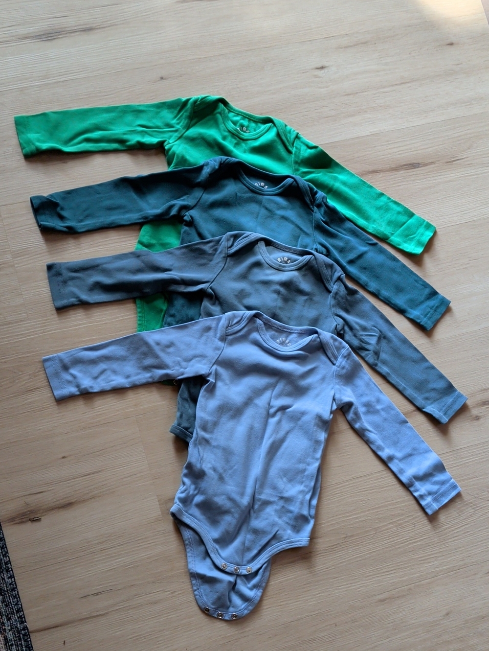 Primary Long-Sleeve Bodysuit 4-Pack in Grass, Spruce, Slate Blue, Light Blue